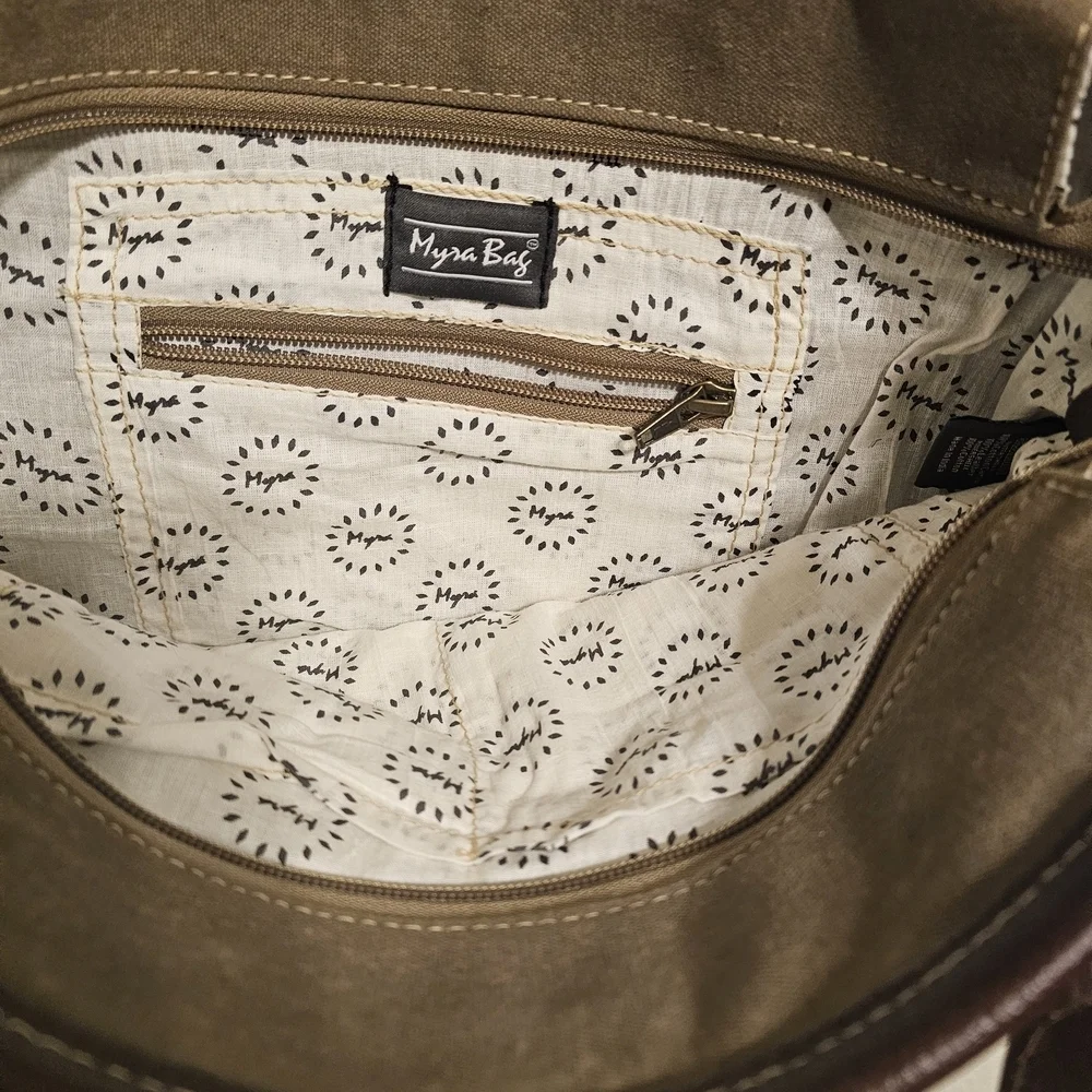 Myra Bag Brown Canvas Tote with  Brown and Cream Patterned Tote Bag - Unbranded